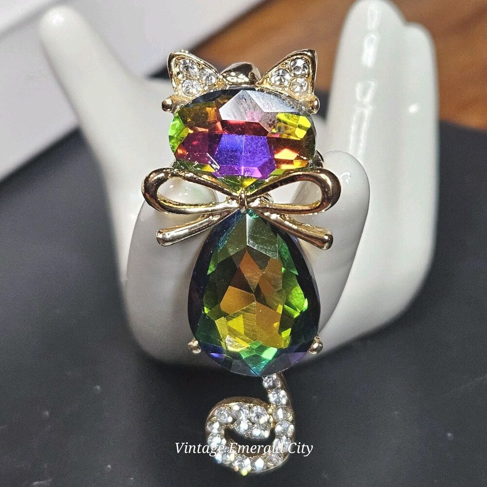 Goldtone Mr. Cat Bow Cyrstal Brooch Rhinestone Tail & Ears Iridescent Kitty Pin - Picture 13 of 13